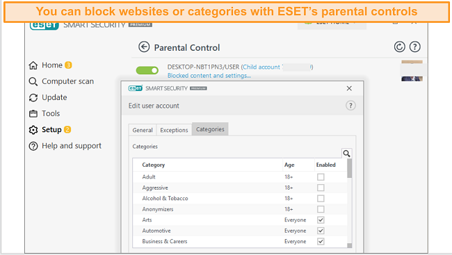 Screenshot of ESET's parental controls content filtering categories