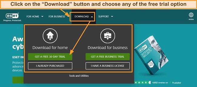 Screenshot of ESET's Free Trial download step