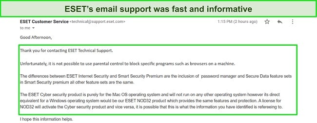 Screenshot of ESET's email support response