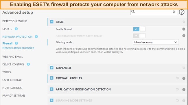 Screenshot of ESET's firewall settings