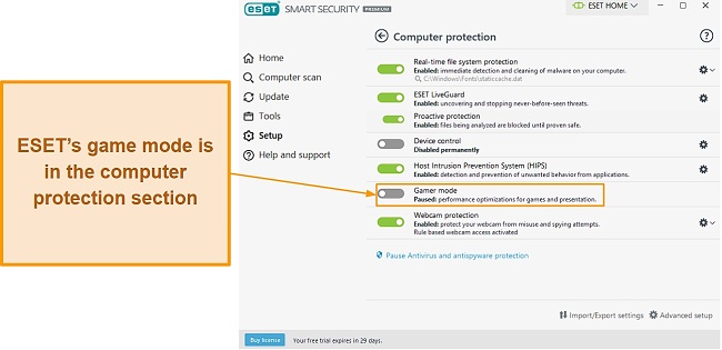 ESET's game mode toggle in the computer protection section