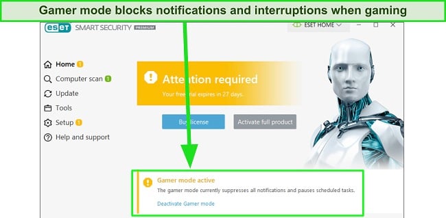 ESET's gamer mode effectively suppressed notifications during my gaming sessions