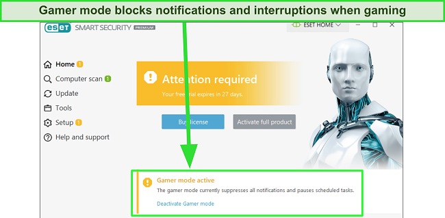 Screenshot showing ESET's gamer mode active