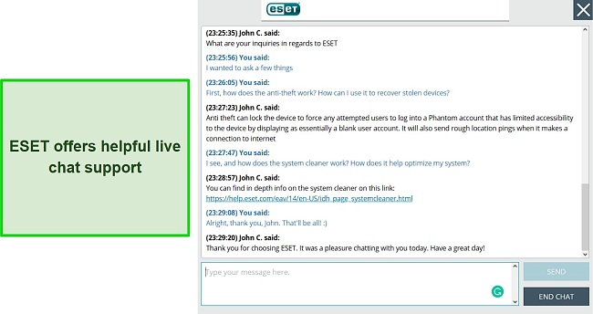 Conversation with ESET's live chat support