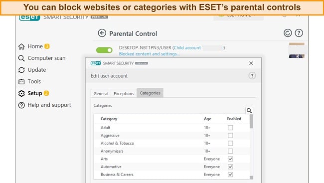 Screenshot of ESET parental controls categories