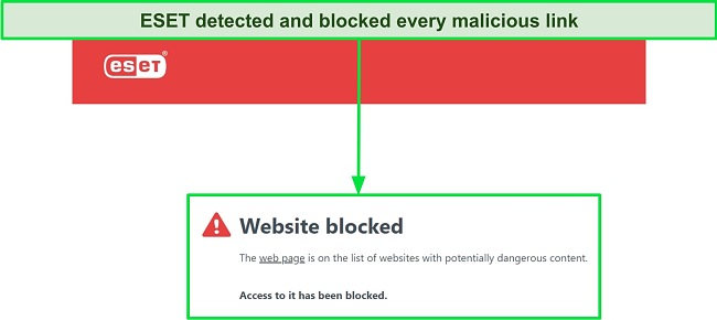 Screenshot of ESET's protection from malicious sites