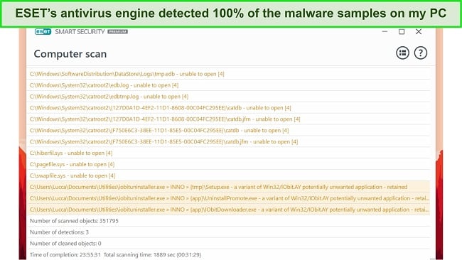 Screenshot of ESET Virus scan results