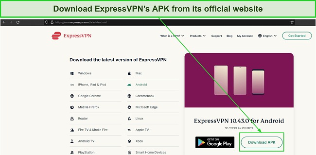 Screenshot of ExpressVPN's APK for download on its website