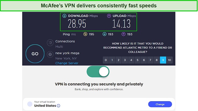 McAfee VPN speed test results