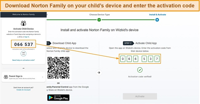 Activating the child's profile using a one-time code in the Norton Family app