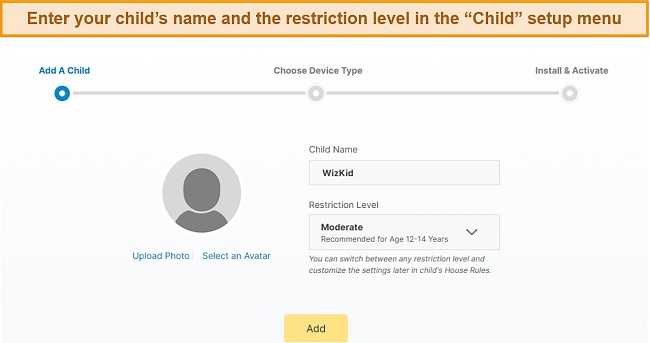 Entering the child's details and setting the restriction level in the Norton Family setup