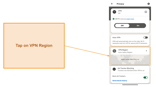 Navigating to the VPN Region menu in Norton's Android app