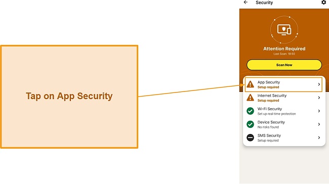 Opening App Security settings in Norton's Android app