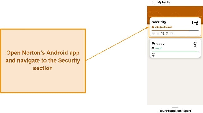 Opening the Security section in Norton's Android app