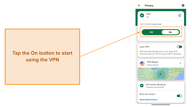 Turning on the VPN in Norton's Android app