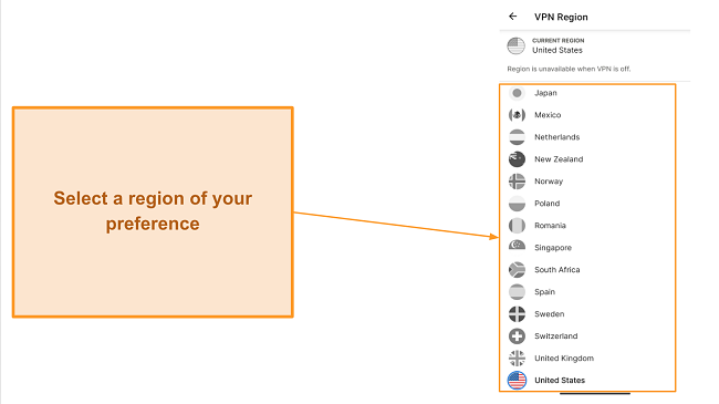 Picking a VPN Region in Norton's Android app