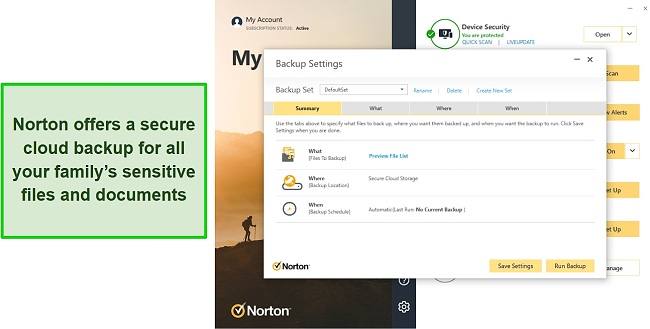 Norton's secure cloud backup settings