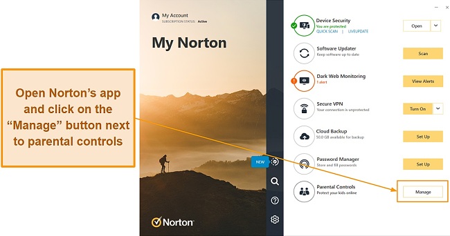 Parental control settings in Norton's app