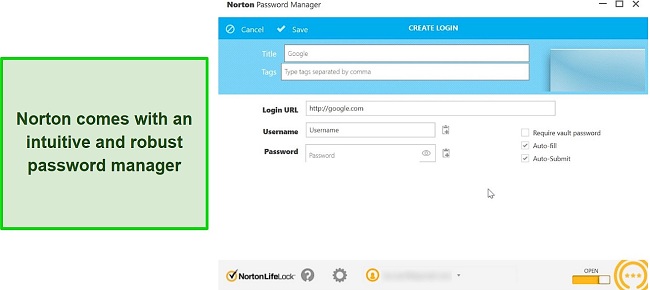 Norton password manager interface screenshot