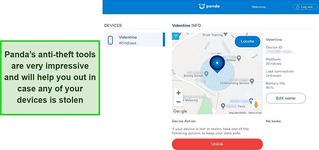 Tracking a device's location with Panda's anti-theft tools