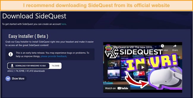 Screenshot of SideQuest homepage