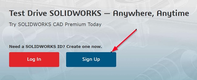 SOLIDWORKS login and sign up buttons screenshot