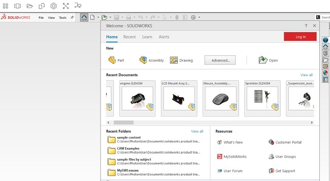 SOLIDWORKS welcome interface screenshot