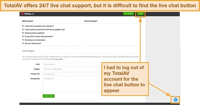 Screenshot of TotalAV live chat buton