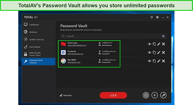Screenshot of TotalAV's Password Vault interface
