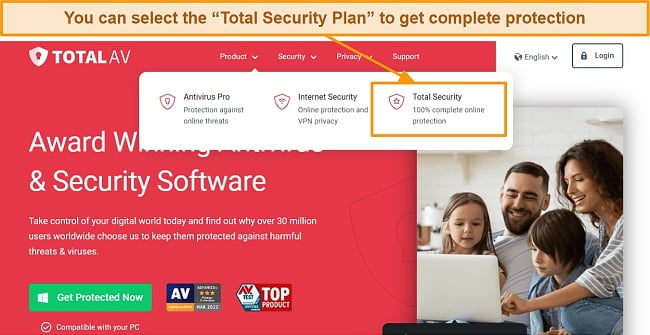 TotalAV Security navigation menu screenshot