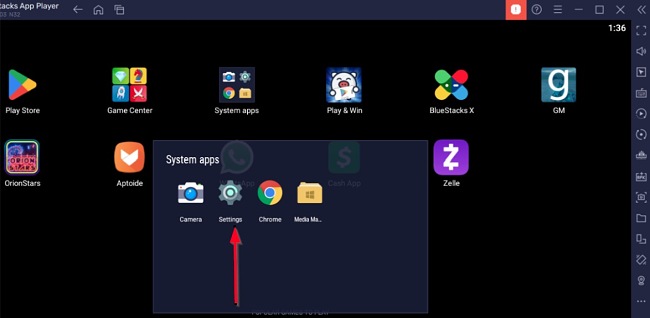 Captura de pantalla del icono de configuración de Zelle BlueStack