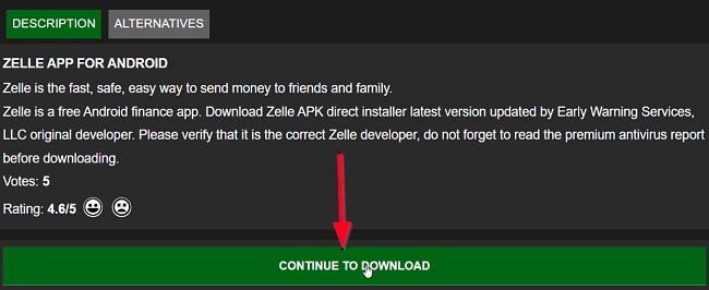 Zelle continue to download page screenshot