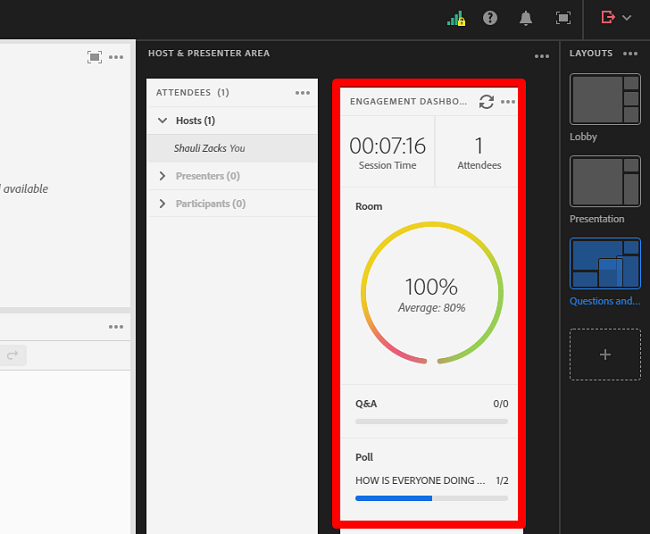 Adobe Connect nadzorna ploča za angažman