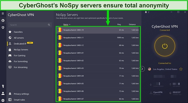 Screenshot of CyberGhost's NoSpy servers in Romania on the Windows app