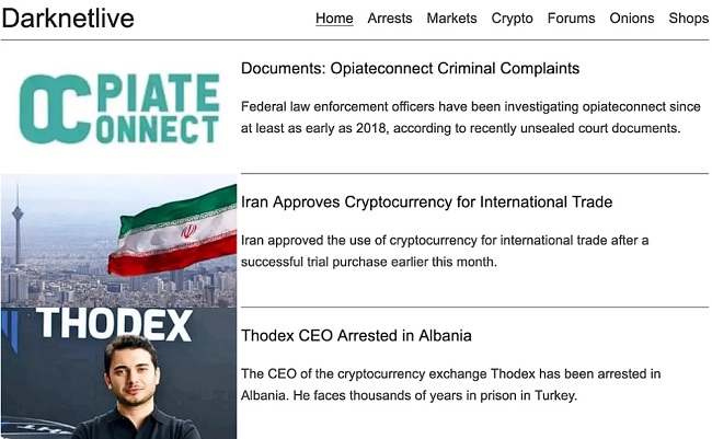 Screenshot of the Darknetlive homepage on the Tor Browser