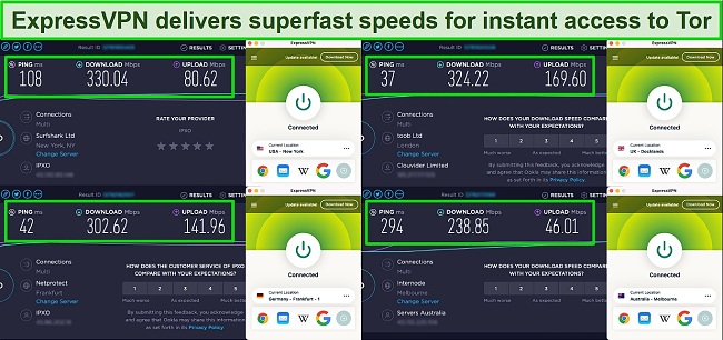 Screenshot of speed test results on ExpressVPN servers in the US, UK, Germany, and Australia