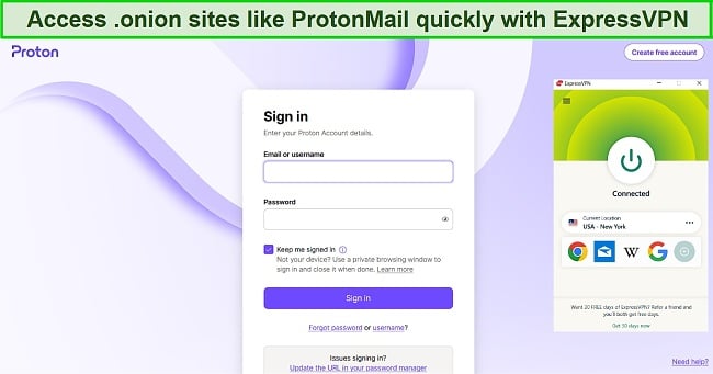 Screenshot of Protonmail on the Tor browser while ExpressVPN is connected to a server in New York USA