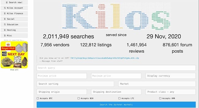 Screenshot der Homepage der Kilos-Darknet-Marktsuchmaschine im Tor-Browser