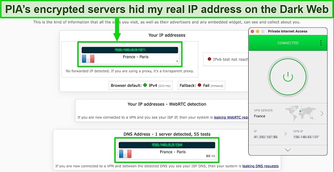 Screenshot of DNS/IP leak tests on ipleak net indicating no leaks while Private Internet Access is connected to a server in France