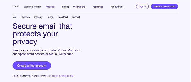 Screenshot of the Protonmail homepage on the Tor Browser