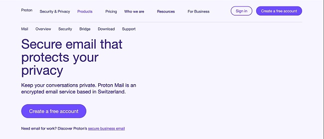 Tor 브라우저의 Protonmail 홈페이지 스크린샷