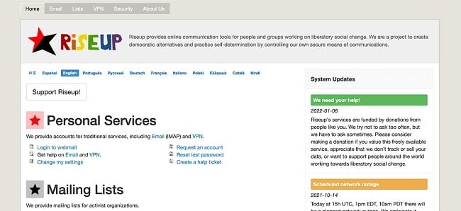 Zrzut ekranu strony głównej RiseUp w przeglądarce Tor