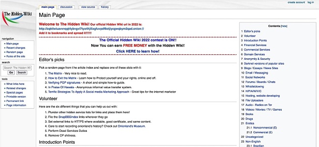 Screenshot of The Hidden Wiki homepage on the Tor Browser