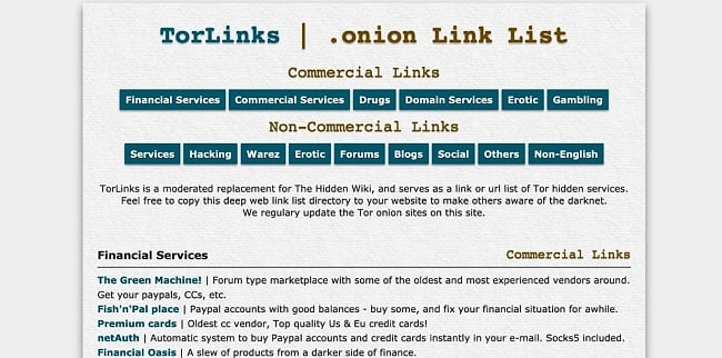 Tor ブラウザの Torlinks ホームページのスクリーンショット