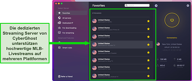 Screenshot der Streaming-optimierten Server von CyberGhost für Hulu, Sling, YouTube TV, während CyberGhost mit einem Server in New York, USA, verbunden ist.
