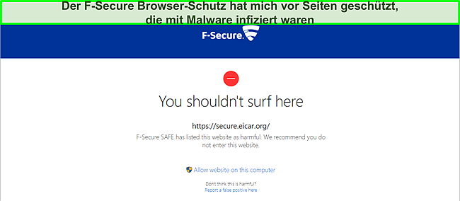 Screenshot von F-Secure beim Blockieren einer schädlichen Website.