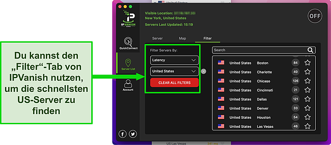 Screenshot der Mac-App von IPVanish mit der Filterfunktion und den US-Servern.