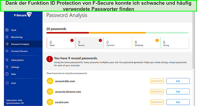 Screenshot der F-Secure-Kennwortprüfung.
