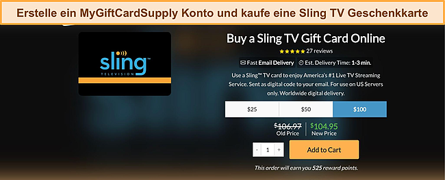 Screenshot des Kaufbildschirms für MyGiftCardSupply Sling TV-Geschenkkarten.