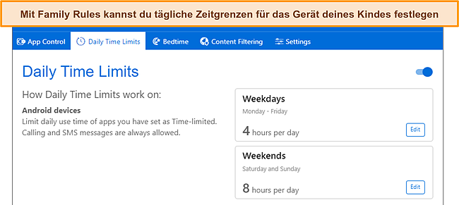 Screenshot der Registerkarte Zeitlimits für die Kindersicherung.